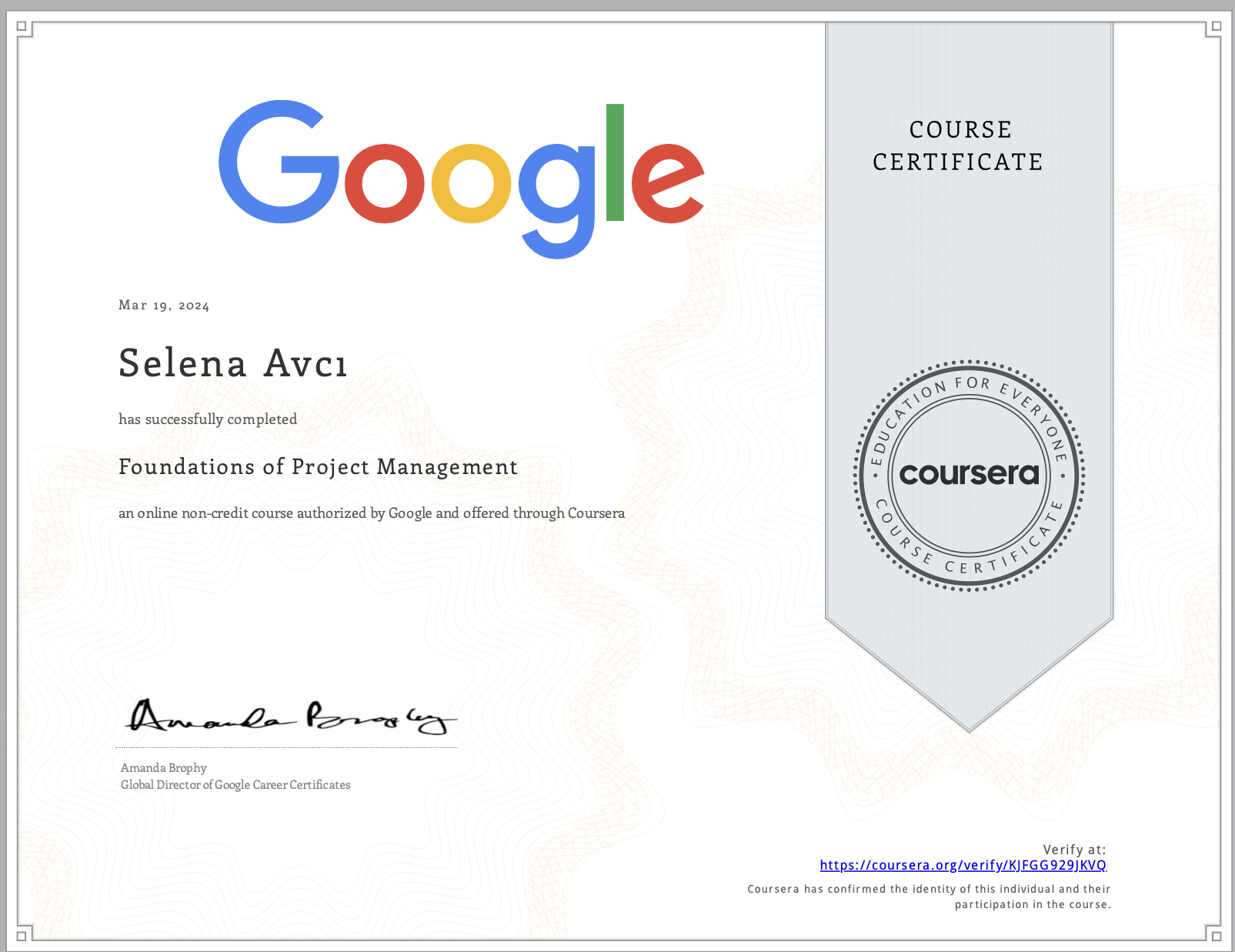 Project Management certificate