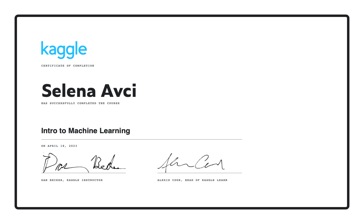 Intro to ML certificate
