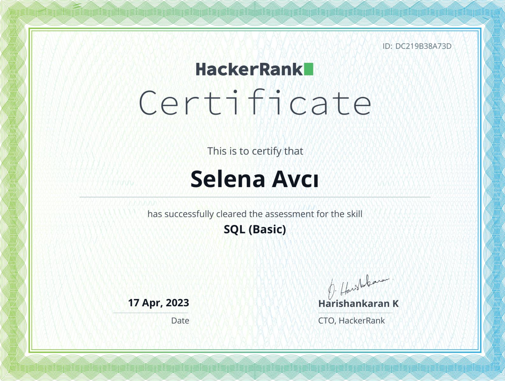 SQL HackerRank certificate